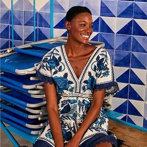 FARM RIO Tropical Tiles Blue And White Beaded Tie Waist Dress XL